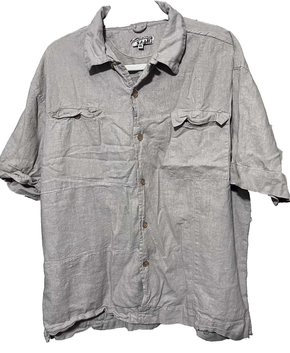 Saab 100% Linen Shirt Mens 2XL Beige Camp beach button up short sleeve